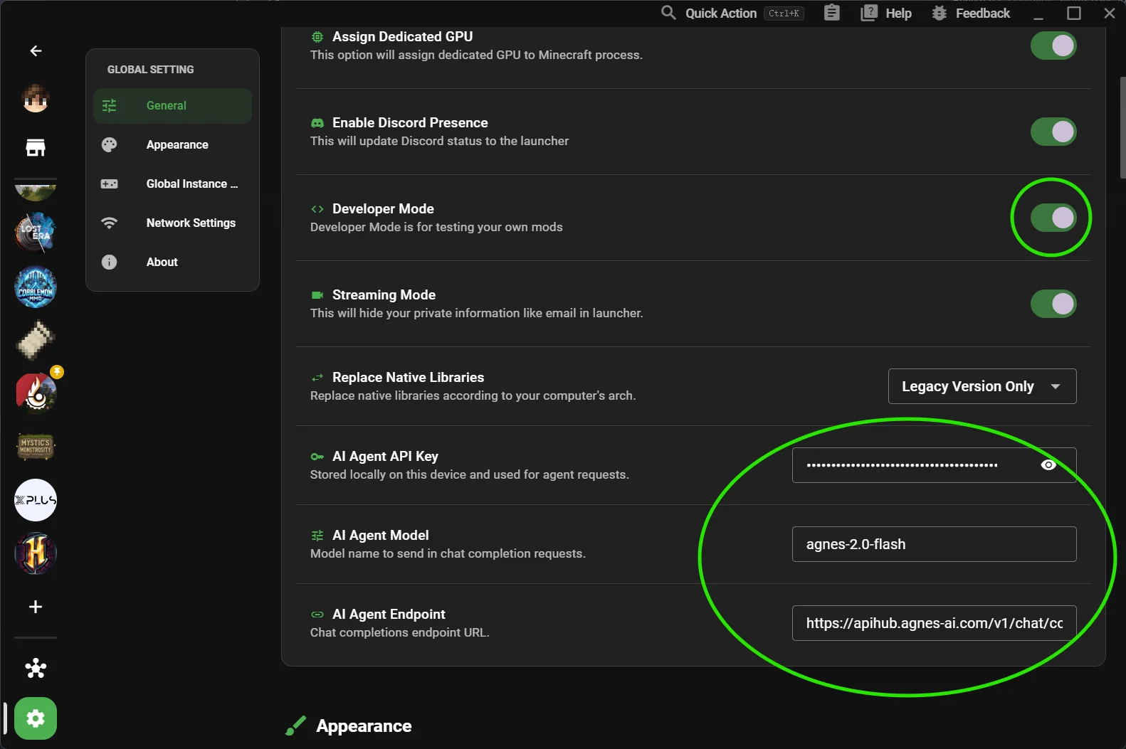 Загальні налаштування XMCL з виділеними Developer Mode та секцією AI Agent